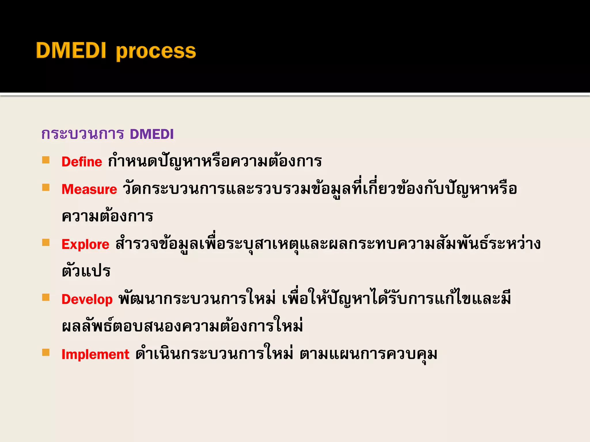 กระบวนการ DMEDI
 Define กาหนดปัญหาหรือความต้องการ
 Measure วัดกระบวนการและรวบรวมข้อมูลที่เกี่ยวข้องกับปัญหาหรือ
ความต้องการ
 Explore สารวจข้อมูลเพื่อระบุสาเหตุและผลกระทบความสัมพันธ์ระหว่าง
ตัวแปร
 Develop พัฒนากระบวนการใหม่ เพื่อให้ปัญหาได้รับการแก้ไขและมี
ผลลัพธ์ตอบสนองความต้องการใหม่
 Implement ดาเนินกระบวนการใหม่ ตามแผนการควบคุม
 