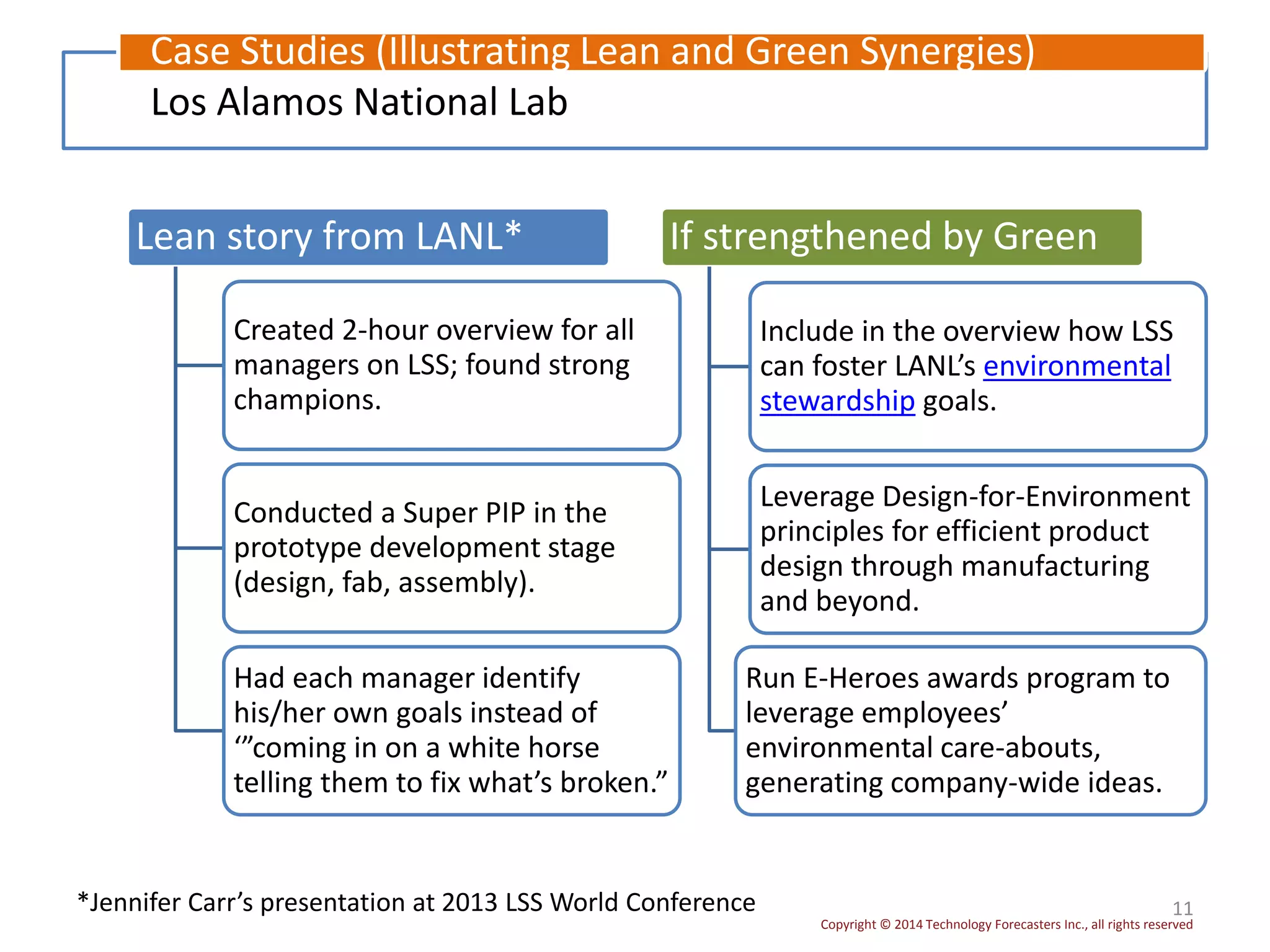 Copyright © 2014 Technology Forecasters Inc., all rights reserved
11
Los Alamos National Lab
Case Studies (Illustrating Lean and Green Synergies)
*Jennifer Carr’s presentation at 2013 LSS World Conference
Lean story from LANL*
Created 2-hour overview for all
managers on LSS; found strong
champions.
Conducted a Super PIP in the
prototype development stage
(design, fab, assembly).
Had each manager identify
his/her own goals instead of
‘”coming in on a white horse
telling them to fix what’s broken.”
If strengthened by Green
Include in the overview how LSS
can foster LANL’s environmental
stewardship goals.
Leverage Design-for-Environment
principles for efficient product
design through manufacturing
and beyond.
Run E-Heroes awards program to
leverage employees’
environmental care-abouts,
generating company-wide ideas.
 