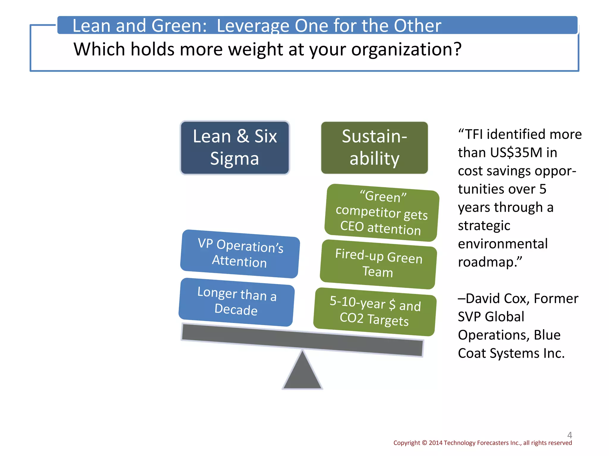 Copyright © 2014 Technology Forecasters Inc., all rights reserved
4
Which holds more weight at your organization?
Lean and Green: Leverage One for the Other
Lean & Six
Sigma
Sustain-
ability
“TFI identified more
than US$35M in
cost savings oppor-
tunities over 5
years through a
strategic
environmental
roadmap.”
–David Cox, Former
SVP Global
Operations, Blue
Coat Systems Inc.
 