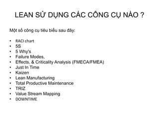 LEAN SỬ DỤNG CÁC CÔNG CỤ NÀO ?

Một số công cụ tiêu biểu sau đây:

•   RACI chart
•   5S
•   5 Why's
•   Failure Modes,
•   Effects, & Criticality Analysis (FMECA/FMEA)
•   Just In Time
•   Kaizen
•   Lean Manufacturing
•   Total Productive Maintenance
•   TRIZ
•   Value Stream Mapping
•   DOWNTIME
 