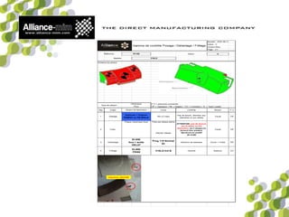 Numéro : DOC 05-11
Indice : C
Couleur:Bleu
Page : 1/1
Indice : A
Schéma (ou photo)
P C = personne concernée
OP = Opérateur / RE = Règleur / CO = Contrôleur / TL = Team Leader
Rep. Etape Cycle Contrôle Moyen P C
1 Sablage 30s à 2 bars
Pas de bavure, attention aux
diamètres et aux arêtes
Visuel OP
2 Pose
Pose par plaque pleine
24pces/ plaque
ATTENTION: pas de bavure
sur la pièce ou les
diamètres, les 2 stoppeurs
doivent être présent.
Ejecteurs en positif
(0/+0.05)
Visuel OP
3 Deliantage
Prog 118 Normal
5h
Absence de plastique Visuel + Cutter RE
4 Frittage 316LG Ind B Densité Balance CO
ELNIK
FRI08
Type de plaque :
Céramique
Al2o3
Moyen de fabrication
Sableuse + Passoire
SAB04 ou 09 Bleue
Plaque céramique lisse
ELNIK
four + acide
DEL07
Gamme de contrôle Posage / Déliantage / Frittage
Référence : R1188
Matière : 316LG
Attention : BAVURE
 