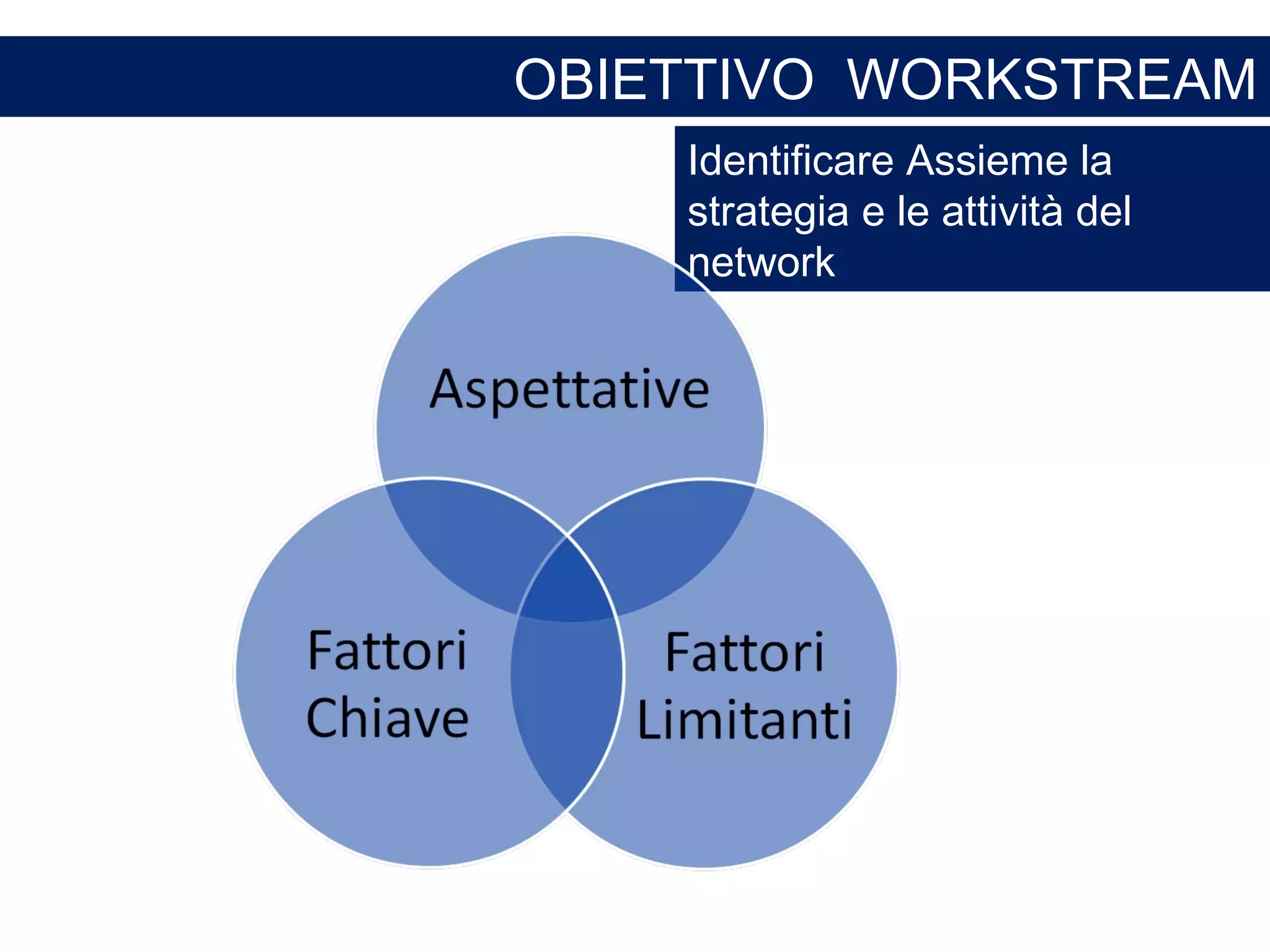 OBIETTIVO  WORKSTREAM Identificare Assieme la strategia e le attività del network 