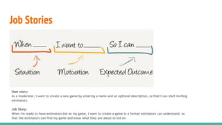 Job Stories
User story:
As a moderator, I want to create a new game by entering a name and an optional description, so that I can start inviting
estimators.
Job Story:
When I'm ready to have estimators bid on my game, I want to create a game in a format estimators can understand, so
that the estimators can find my game and know what they are about to bid on.
 