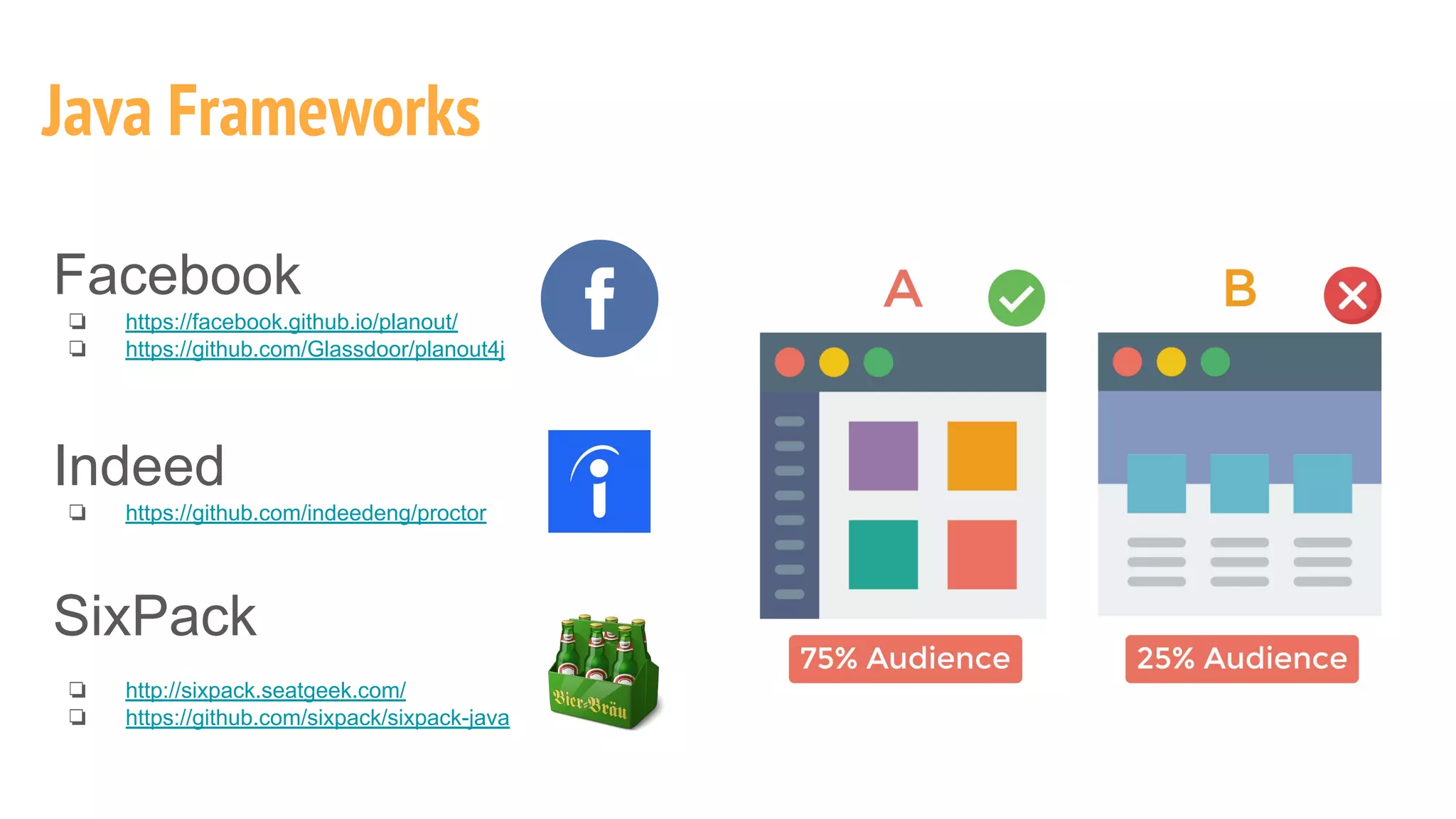 Java Frameworks
Facebook
❏ https://facebook.github.io/planout/
❏ https://github.com/Glassdoor/planout4j
Indeed
❏ https://github.com/indeedeng/proctor
SixPack
❏ http://sixpack.seatgeek.com/
❏ https://github.com/sixpack/sixpack-java
 