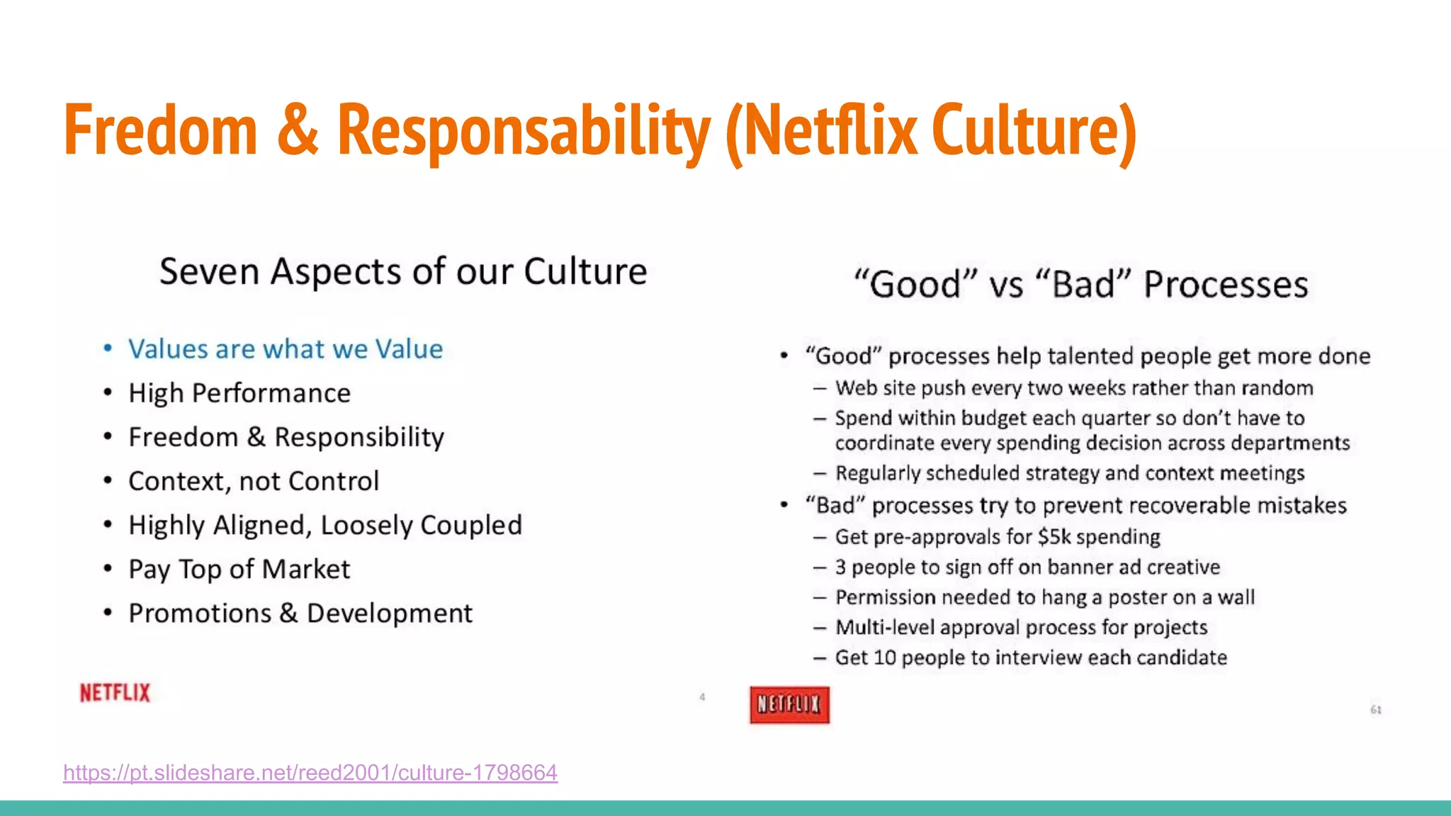 Fredom & Responsability (Netﬂix Culture)
https://pt.slideshare.net/reed2001/culture-1798664
 