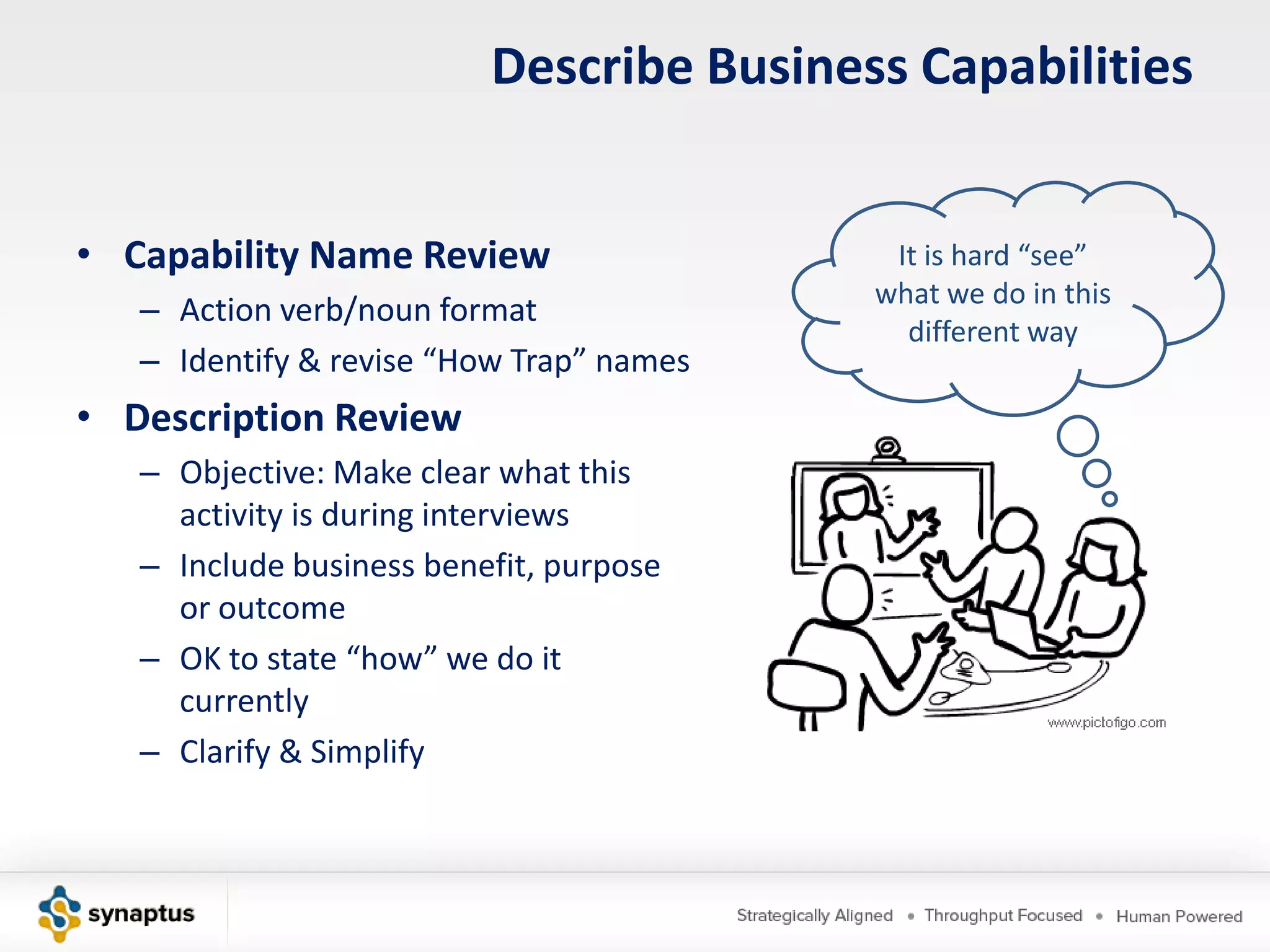 Describe Business Capabilities


• Capability Name Review                   It is hard “see”
                                          what we do in this
   – Action verb/noun format
                                            different way
   – Identify & revise “How Trap” names
• Description Review
   – Objective: Make clear what this
     activity is during interviews
   – Include business benefit, purpose
     or outcome
   – OK to state “how” we do it
     currently
   – Clarify & Simplify
 