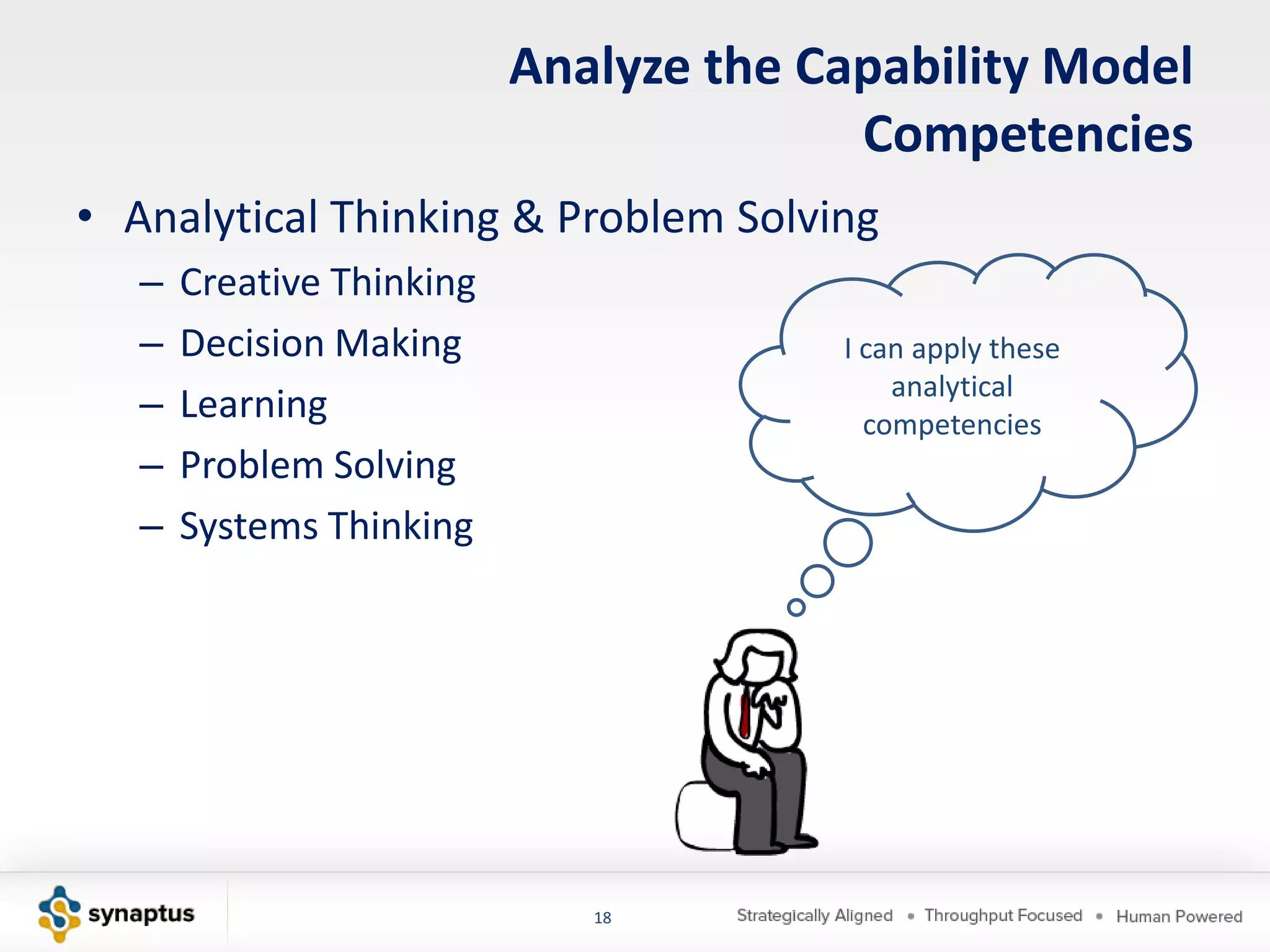 Analyze the Capability Model
                                         Competencies
• Analytical Thinking & Problem Solving
   –   Creative Thinking
   –   Decision Making                  I can apply these
                                            analytical
   –   Learning                           competencies
   –   Problem Solving
   –   Systems Thinking




                              18
 
