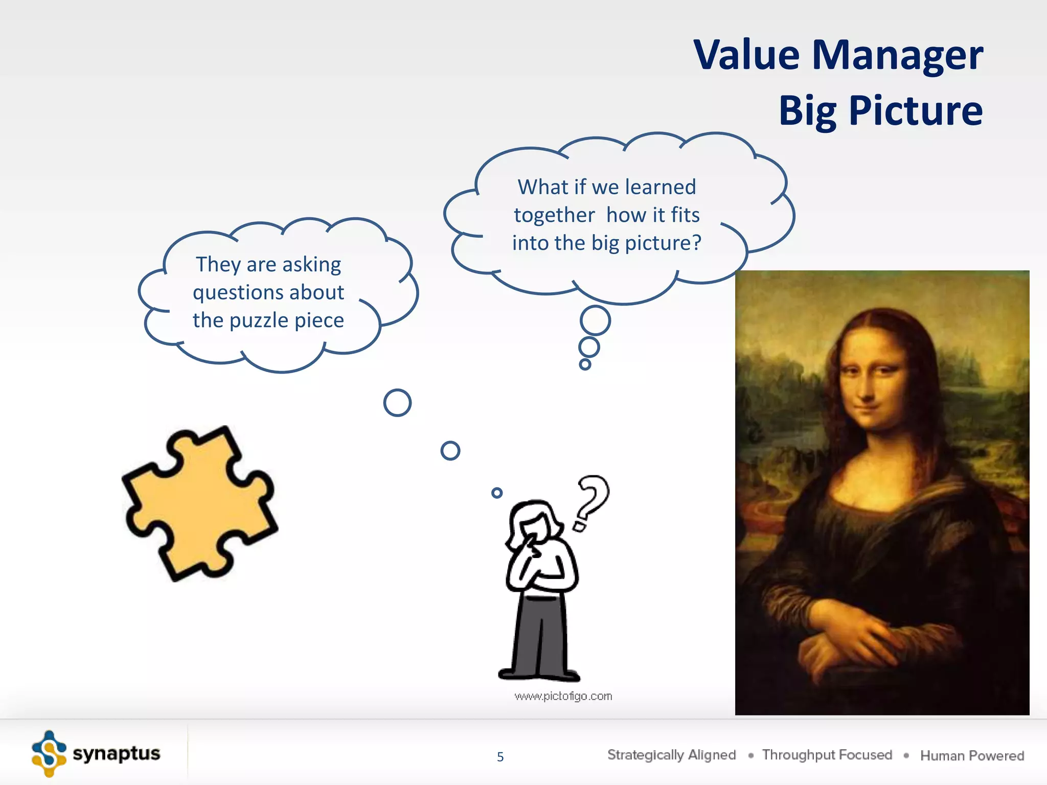 Value Manager
                                              Big Picture
                        What if we learned
                       together how it fits
                       into the big picture?
They are asking
questions about
the puzzle piece




                   5
 