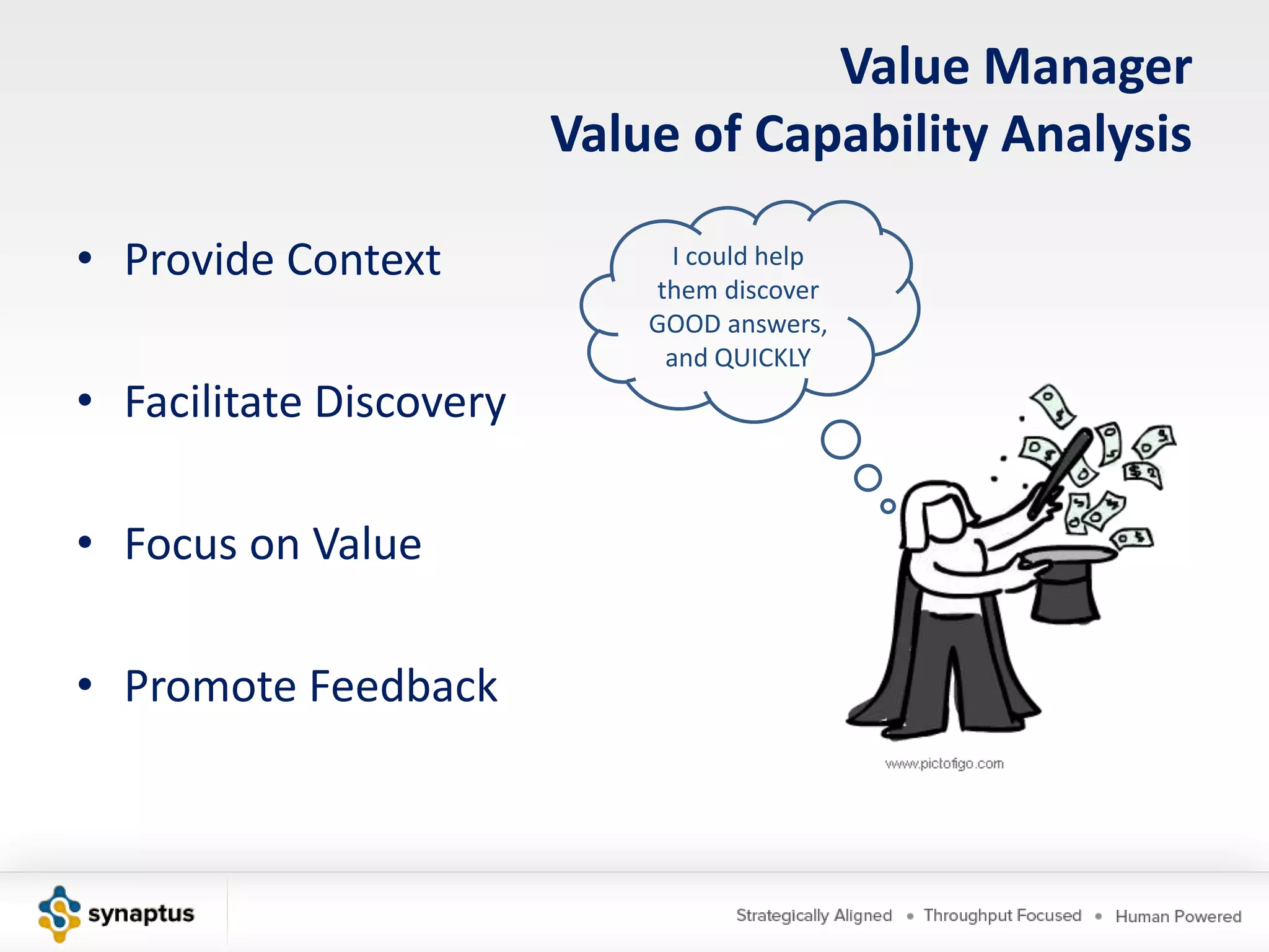 Value Manager
                         Value of Capability Analysis

• Provide Context              I could help
                             them discover
                             GOOD answers,
                              and QUICKLY
• Facilitate Discovery

• Focus on Value

• Promote Feedback
 