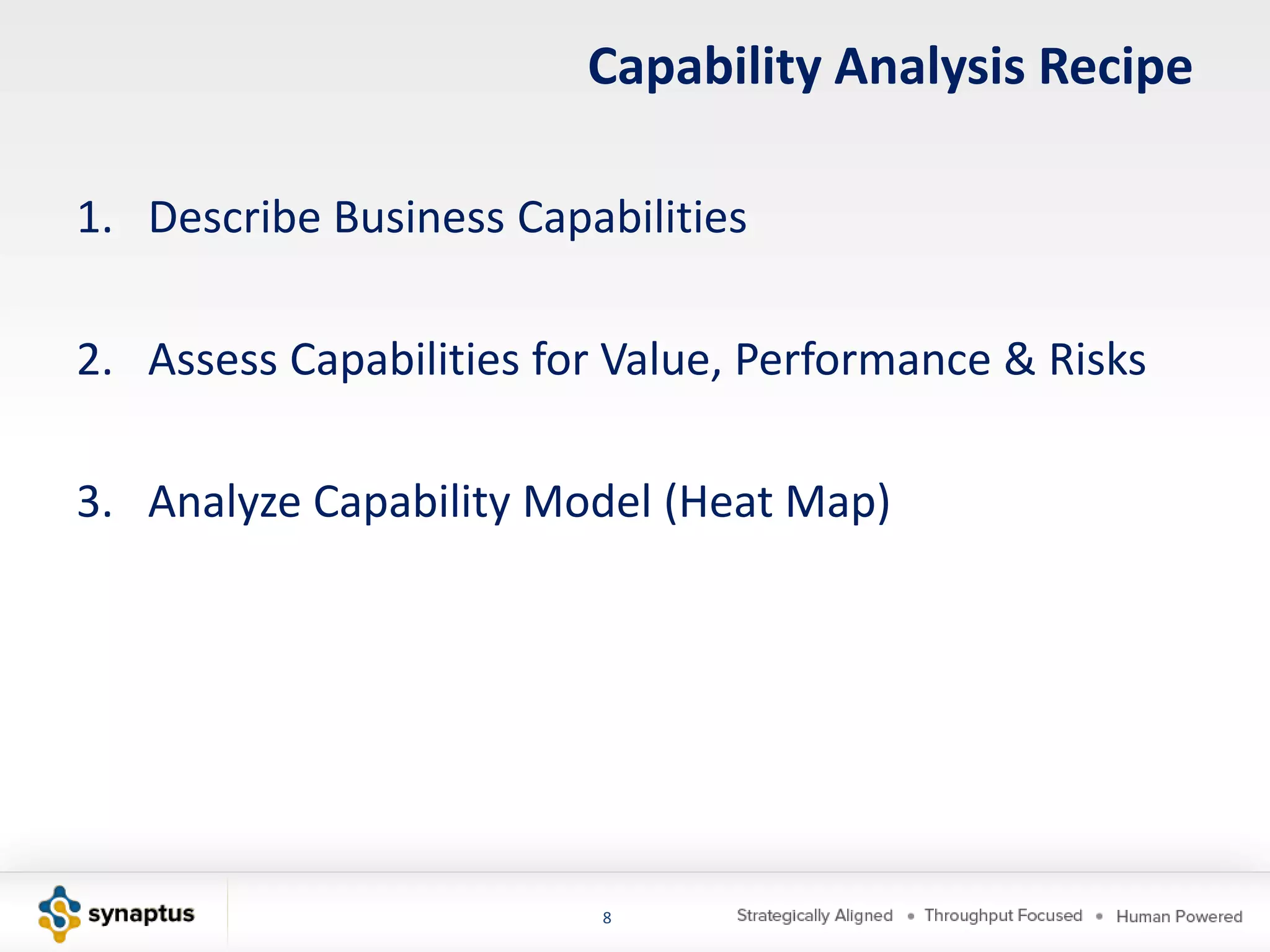 Capability Analysis Recipe

1. Describe Business Capabilities

2. Assess Capabilities for Value, Performance & Risks

3. Analyze Capability Model (Heat Map)




                          8
 