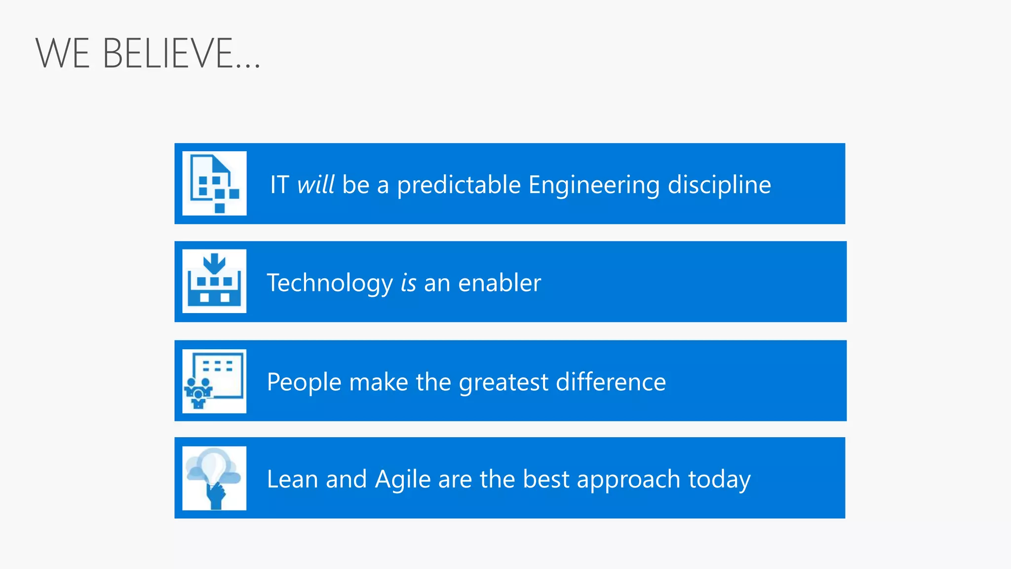 Lean and Agile are the best approach today IT will be a predictable Engineering discipline Technology is an enabler People make the greatest difference 