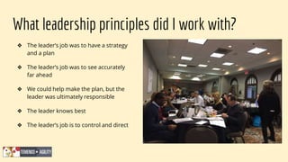 What leadership principles did I work with?
❖ The leader’s job was to have a strategy
and a plan
❖ The leader’s job was to see accurately
far ahead
❖ We could help make the plan, but the
leader was ultimately responsible
❖ The leader knows best
❖ The leader’s job is to control and direct
 