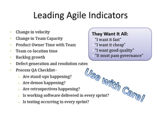 Lagging/Leading KPIs	Which leads us to KPIs – Key Performance IndicatorsThere are two major types of KPIs: leading and lagging indicators. Leading indicators measure activities that have a significant effect on future performance.