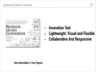 BUSINESS MODEL CANVAS
Alex Osterwälder & Yves Pigneur
• Innovation Tool
• Lightweight, Visual and Flexible
• Collaborative And Responsive
37
 