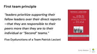 Emily Webber
First team principle
“leaders prioritize supporting their
fellow leaders over their direct reports
—that they are responsible to their
peers more than they are to their
individual or “Second” teams.”
Five Dysfunctions of a Team Patrick Lecioni
 