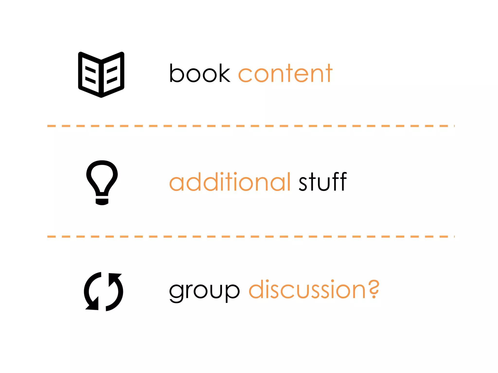 book content
additional stuff
group discussion?
 