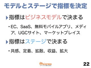モデルとステージで指標を決定
‣指標はビジネスモデルで決まる
•EC、SaaS、無料モバイルアプリ、メディ
ア、UGCサイト、マーケットプレイス
‣指標はステージで決まる
•共感、定着、拡散、収益、拡大
22
 