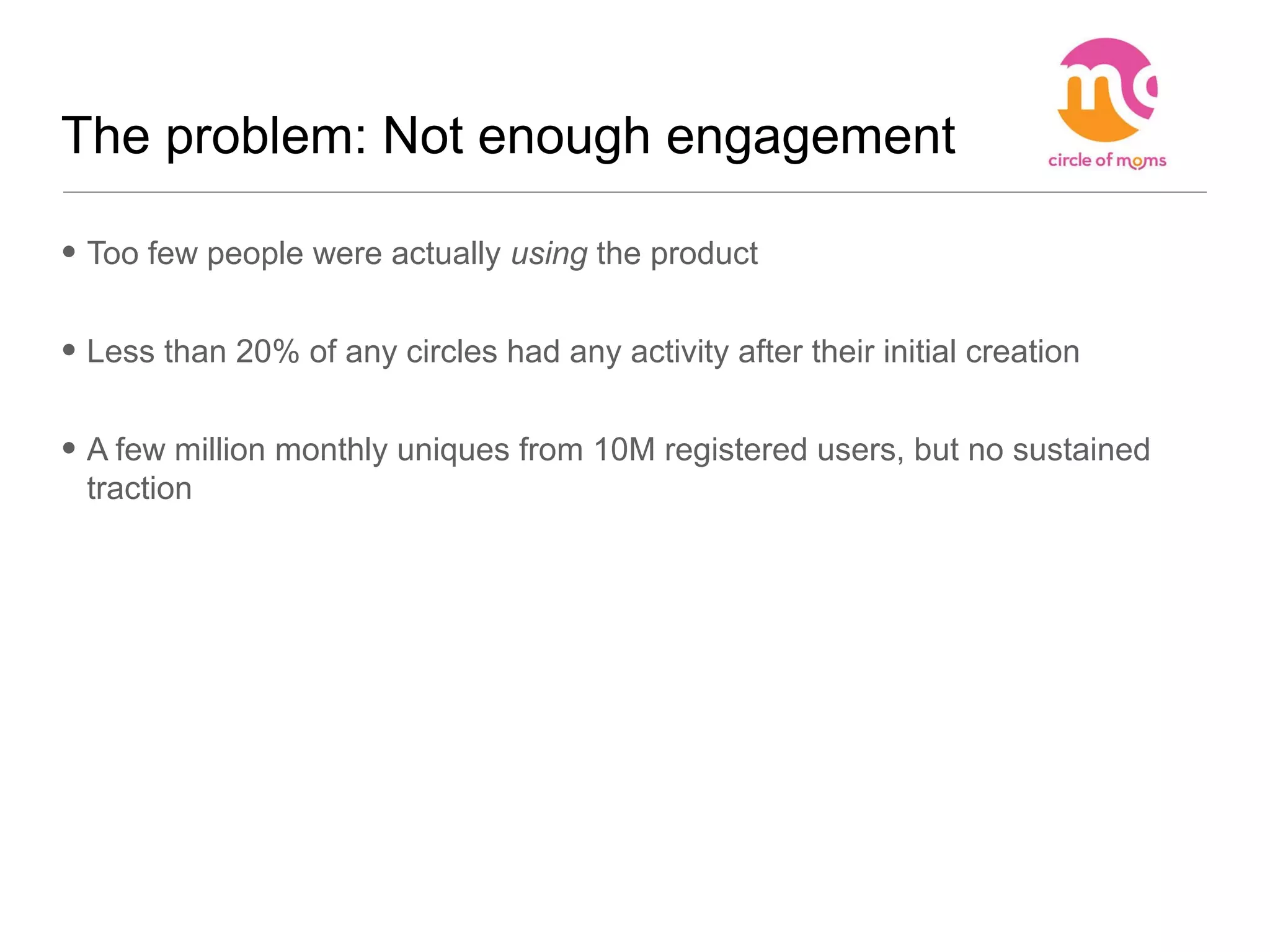 The problem: Not enough engagement
• Too few people were actually using the product
• Less than 20% of any circles had any activity after their initial creation
• A few million monthly uniques from 10M registered users, but no sustained
traction
 