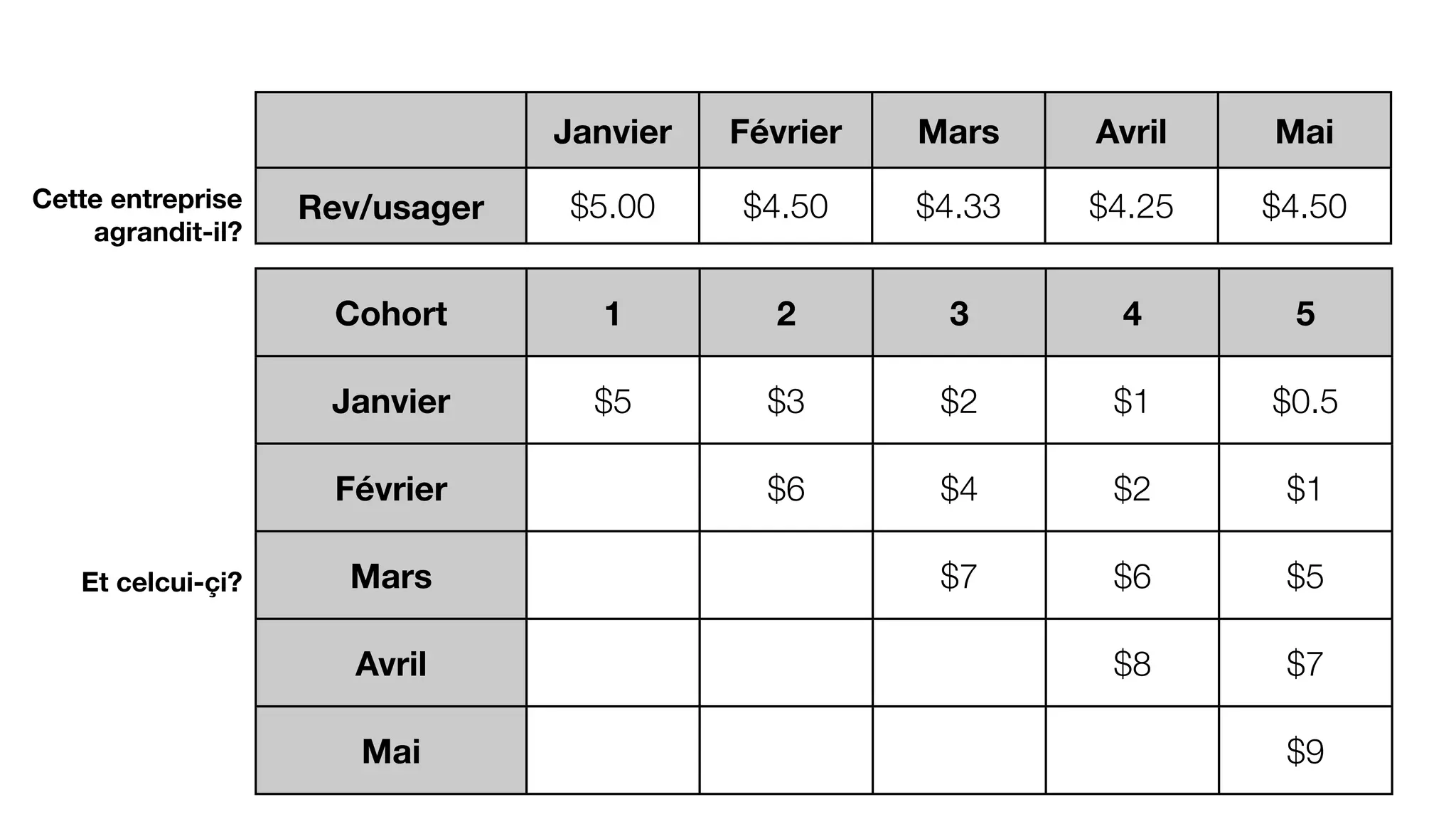   Janvier Février Mars Avril Mai
Rev/usager $5.00 $4.50 $4.33 $4.25 $4.50Cette entreprise
agrandit-il?
Cohort 1 2 3 4 5
Janvier
Février
Mars
Avril
Mai
$5 $3 $2 $1 $0.5
$6 $4 $2 $1
$7 $6 $5
  $8 $7
      $9
Et celcui-çi?
 