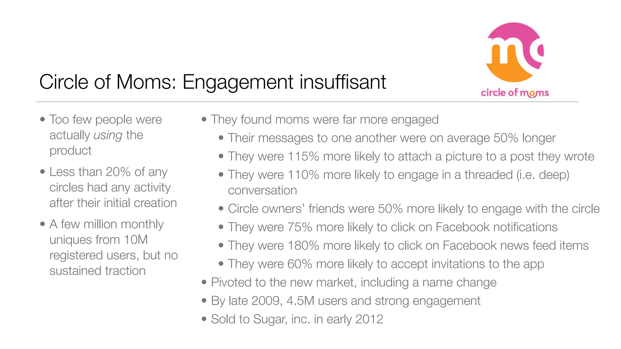 Circle of Moms: Engagement insufﬁsant
• Too few people were
actually using the
product
• Less than 20% of any
circles had any activity
after their initial creation
• A few million monthly
uniques from 10M
registered users, but no
sustained traction
• They found moms were far more engaged
• Their messages to one another were on average 50% longer
• They were 115% more likely to attach a picture to a post they wrote
• They were 110% more likely to engage in a threaded (i.e. deep)
conversation
• Circle owners’ friends were 50% more likely to engage with the circle
• They were 75% more likely to click on Facebook notiﬁcations
• They were 180% more likely to click on Facebook news feed items
• They were 60% more likely to accept invitations to the app
• Pivoted to the new market, including a name change
• By late 2009, 4.5M users and strong engagement
• Sold to Sugar, inc. in early 2012
 