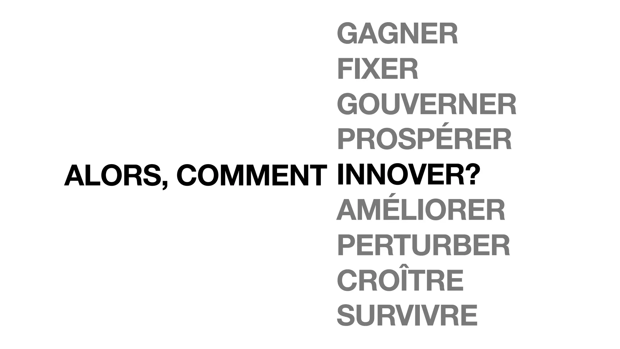 ALORS, COMMENT
GAGNER
FIXER
GOUVERNER
PROSPÉRER
INNOVER?
AMÉLIORER
PERTURBER
CROÎTRE
SURVIVRE
 