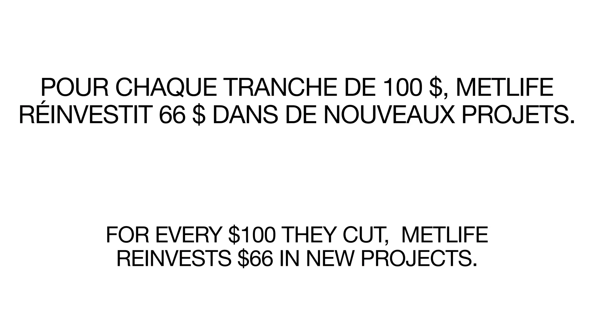 POUR CHAQUE TRANCHE DE 100 $, METLIFE
RÉINVESTIT 66 $ DANS DE NOUVEAUX PROJETS.
FOR EVERY $100 THEY CUT, METLIFE
REINVESTS $66 IN NEW PROJECTS.
 