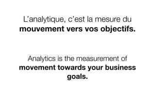 In a startup, the purpose of analytics is to
iterate to product/market ﬁt before the
money runs out.
Dans un startup, le b...
