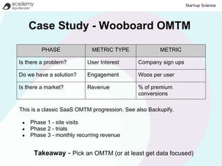 Case Study - Wooboard OMTM

         PHASE               METRIC TYPE              METRIC

Is there a problem?        User Interest      Company sign ups

Do we have a solution?     Engagement         Woos per user

Is there a market?         Revenue            % of premium
                                              conversions

This is a classic SaaS OMTM progression. See also Backupify.

 ●   Phase 1 - site visits
 ●   Phase 2 - trials
 ●   Phase 3 - monthly recurring revenue


      Takeaway - Pick an OMTM (or at least get data focused)
 