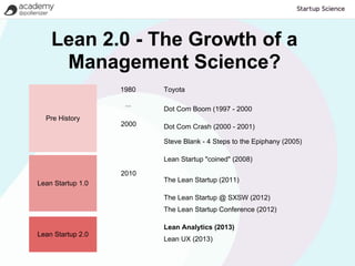 Lean 2.0 - The Growth of a
     Management Science?
                   1980   Toyota

                    ...
                          Dot Com Boom (1997 - 2000
  Pre History
                   2000   Dot Com Crash (2000 - 2001)

                          Steve Blank - 4 Steps to the Epiphany (2005)

                          Lean Startup "coined" (2008)

                   2010
Lean Startup 1.0          The Lean Startup (2011)

                          The Lean Startup @ SXSW (2012)
                          The Lean Startup Conference (2012)

                          Lean Analytics (2013)
Lean Startup 2.0
                          Lean UX (2013)
 