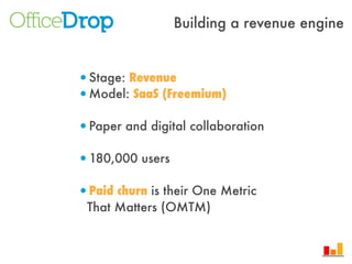•Stage: Revenue
•Model: SaaS (Freemium)
•Paper and digital collaboration
•180,000 users
•Paid churn is their One Metric
Th...