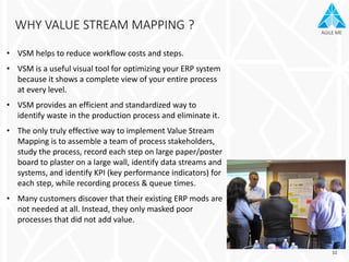 AGILE ME
WHY VALUE STREAM MAPPING ?
• VSM helps to reduce workflow costs and steps.
• VSM is a useful visual tool for optimizing your ERP system
because it shows a complete view of your entire process
at every level.
• VSM provides an efficient and standardized way to
identify waste in the production process and eliminate it.
• The only truly effective way to implement Value Stream
Mapping is to assemble a team of process stakeholders,
study the process, record each step on large paper/poster
board to plaster on a large wall, identify data streams and
systems, and identify KPI (key performance indicators) for
each step, while recording process & queue times.
• Many customers discover that their existing ERP mods are
not needed at all. Instead, they only masked poor
processes that did not add value.
11
 