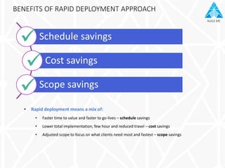 AGILE ME
Schedule savings
Cost savings
Scope savings
• Rapid deployment means a mix of:
• Faster time to value and faster to go-lives – schedule savings
• Lower total implementation, few hour and reduced travel – cost savings
• Adjusted scope to focus on what clients need most and fastest – scope savings
BENEFITS OF RAPID DEPLOYMENT APPROACH



 