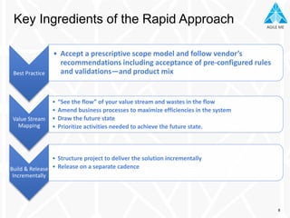 AGILE MEAGILE ME
Key Ingredients of the Rapid Approach
8
Best Practice
• Accept a prescriptive scope model and follow vendor’s
recommendations including acceptance of pre-configured rules
and validations—and product mix
Value Stream
Mapping
• “See the flow” of your value stream and wastes in the flow
• Amend business processes to maximize efficiencies in the system
• Draw the future state
• Prioritize activities needed to achieve the future state.
Build & Release
Incrementally
• Structure project to deliver the solution incrementally
• Release on a separate cadence
 