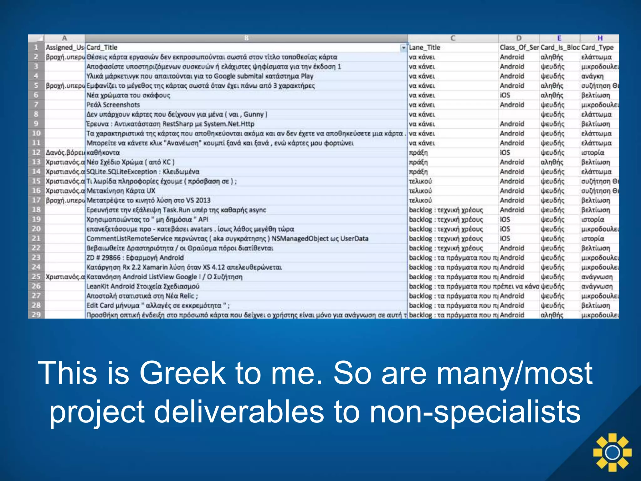 This is Greek to me. So are many/most
project deliverables to non-specialists
 