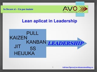 Adrian.Oprea@avoleanconsulting.ro1
In fiecare zi – Un pas inainte
Lean aplicat in Leadership
5SJIT
HEIJUKA
KAIZEN
PULL
KANBAN LEADERSHIP
 