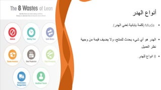 ‫الهدر‬ ‫أنواع‬
•
Muda
(
‫الهدر‬ ‫تعني‬ ‫يابانية‬ ‫كلمة‬
.)
•
‫وجهة‬ ‫من‬ ‫قيمة‬ ‫يضيف‬ ‫وال‬ ،‫للمنتج‬ ‫يحدث‬ ‫شيء‬ ‫أي‬ ‫هو‬ ‫الهدر‬
‫العميل‬ ‫نظر‬
.
•
8
‫للهدر‬ ‫انواع‬
.
 