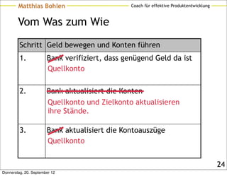 Matthias Bohlen                        Coach für effektive Produktentwicklung



        Vom Was zum Wie
         Schritt Geld bewegen und Konten führen
         1.            Bank verifiziert, dass genügend Geld da ist
                       Quellkonto

         2.            Bank aktualisiert die Konten
                       Quellkonto und Zielkonto aktualisieren
                       ihre Stände.

         3.            Bank aktualisiert die Kontoauszüge
                       Quellkonto


                                                                                        24
Donnerstag, 20. September 12
 