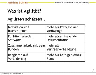 Matthias Bohlen               Coach für effektive Produktentwicklung




        Was ist Agilität?
        Agilisten schätzen...
         Individuen und         mehr als Prozesse und
         Interaktionen          Werkzeuge
         Funktionierende        mehr als umfassende
         Software               Dokumentation
         Zusammenarbeit mit dem mehr als
         Kunden                 Vertragsverhandlung
         Reagieren auf          mehr als Befolgen eines
         Veränderung            Plans


                                                                               6
Donnerstag, 20. September 12
 