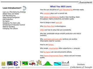 Assessement
                                                  What You Will Learn
 Lean Introduction?
                                    How the core disciplines of Lean Manufacturing eliminate waste.
 Lean as a Manufacturing Strategy
 Added Value and Waste              Why inventory plays such a central role.
 Cell Manufacturing
 Rapid Setup/Changeover             How cellular manufacturing results in less handling, faster
 Pull Production                    throughput, higher productivity and better quality
 Six Sigma
 Designing The Work cells           How to design a basic work cell.
 Scheduling & Production Control
 Material Handling                  Why One-Piece Flow is advantageous.
 Changing The Culture
                                    SMED and how to setup fast and consistently.

                                    Why fast, predictable setups smooth production and reduce
                                    inventory.

                                    Why work teams and work cells reinforce one another.
                                    What teams need for success.

                                    How to use Kanban.

                                    Why simple, visual kanban often outperforms a computer.

                                    How Six Sigma cuts cost and prevents defects.

                                    How Process Improvement Teams reduce cost and increase
                                    quality.



                                                                                       Instituto
Sérgio L. Guerreiro – Rev00                                                     Conhecimento & Inovação
 