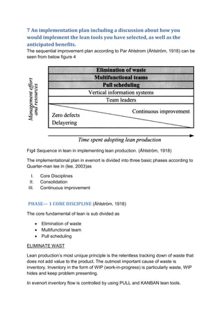 7 An implementation plan including a discussion about how you
would implement the lean tools you have selected, as well as the
anticipated benefits.
The sequential improvement plan according to Par Ahlstrom (Åhlström, 1918) can be
seen from below figure 4
Fig4 Sequence in lean in implementing lean production. (Åhlström, 1918)
The implementational plan in evenort is divided into three basic phases according to
Quarter-man lee in (lee, 2003)as
I. Core Disciplines
II. Consolidation
III. Continuous improvement
PHASE— 1 CORE DISCIPLINE (Åhlström, 1918)
The core fundamental of lean is sub divided as
 Elimination of waste
 Multifunctional team
 Pull scheduling
ELIMINATE WAST
Lean production’s most unique principle is the relentless tracking down of waste that
does not add value to the product. The outmost important cause of waste is
inventory. Inventory in the form of WIP (work-in-progress) is particularly waste, WIP
hides and keep problem presenting.
In evenort inventory flow is controlled by using PULL and KANBAN lean tools.
 