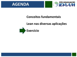 AGENDA
Conceitos fundamentais
Lean nas diversas aplicações
Exercício
 