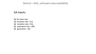 Demo3 – GA2, unknown crew availability
GA Inputs:
 Six-room case
 crossover rate = 0.2;
 mutation rate = 0.6;
 populat...
