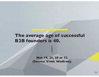 The average age of successful
B2B founders is 40.
20
Not 19, 25, 28 or 32
(Source: Vivek Wadhwa).
 