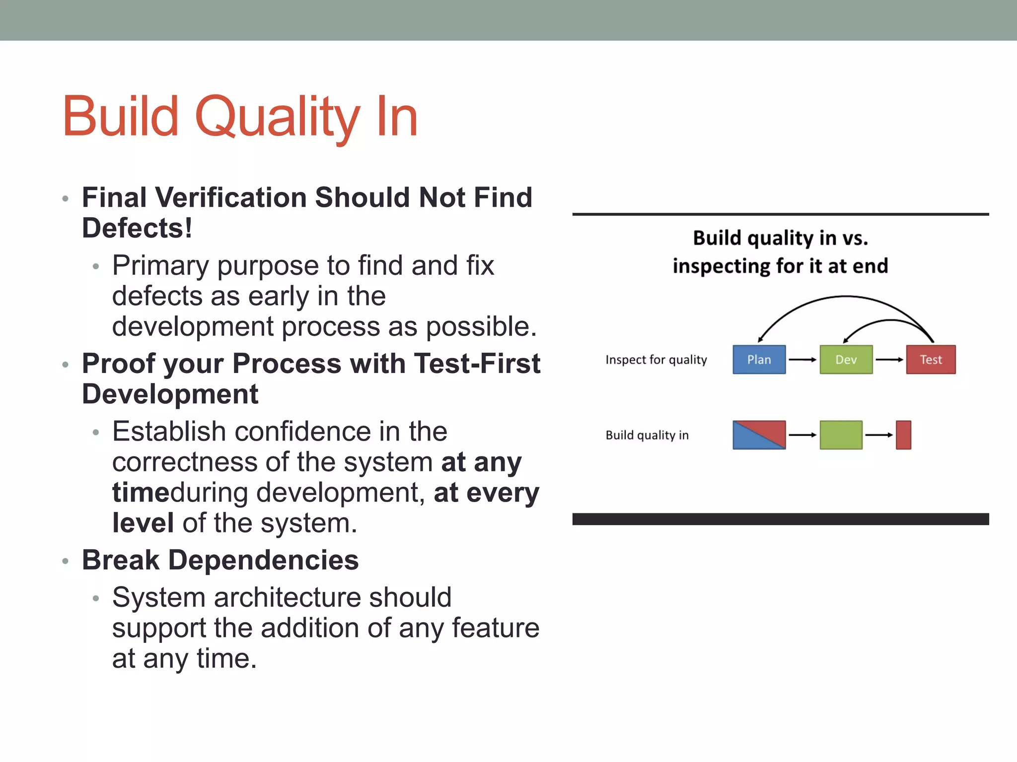 Build Quality In
• Final Verification Should Not Find
Defects!
• Primary purpose to find and fix
defects as early in the
development process as possible.
• Proof your Process with Test-First
Development
• Establish confidence in the
correctness of the system at any
timeduring development, at every
level of the system.
• Break Dependencies
• System architecture should
support the addition of any feature
at any time.
 