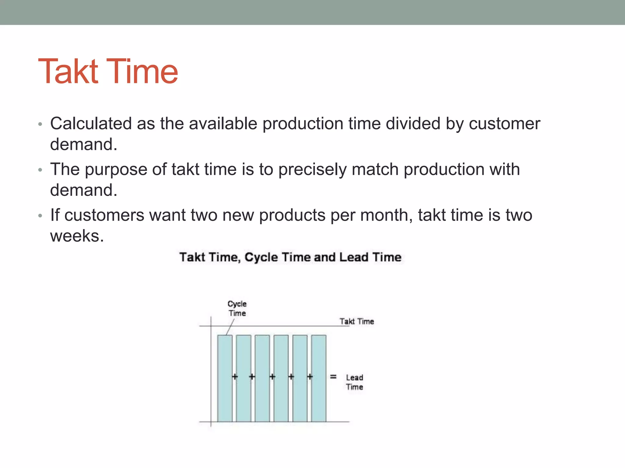 Takt Time
• Calculated as the available production time divided by customer
demand.
• The purpose of takt time is to precisely match production with
demand.
• If customers want two new products per month, takt time is two
weeks.
 