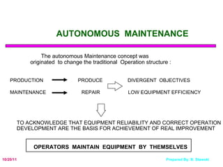 AUTONOMOUS  MAINTENANCE   The autonomous Maintenance concept was  originated  to change the traditional  Operation structure : PRODUCTION   PRODUCE  DIVERGENT  OBJECTIVES MAINTENANCE   REPAIR   LOW EQUIPMENT EFFICIENCY TO ACKNOWLEDGE THAT EQUIPMENT RELIABILITY AND CORRECT OPERATION DEVELOPMENT ARE THE BASIS FOR ACHIEVEMENT OF REAL IMPROVEMENT OPERATORS  MAINTAIN  EQUIPMENT  BY  THEMSELVES 