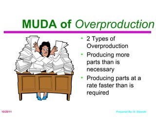 MUDA of  Overproduction 2 Types of Overproduction  Producing more parts than is necessary Producing parts at a rate faster than is  required 