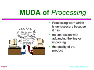 MUDA of  Processing Processing work which is unnecessary because it has no connection with advancing the line or improving the quality of the product I bet she types everything! Yea, probably even her grocery list! 