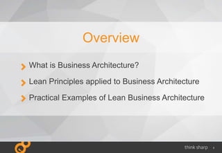 3
What is Business Architecture?
Lean Principles applied to Business Architecture
Practical Examples of Lean Business Architecture
Overview
 
