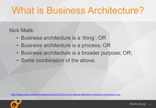 5
What is Business Architecture?
Nick Malik:
• Business architecture is a ‘thing’; OR
• Business architecture is a process; OR
• Business architecture is a broader purpose; OR;
• Some combination of the above.
http://blogs.msdn.com/b/nickmalik/archive/2012/09/11/many-flawed-definitions-of-business-architecture.aspx
 